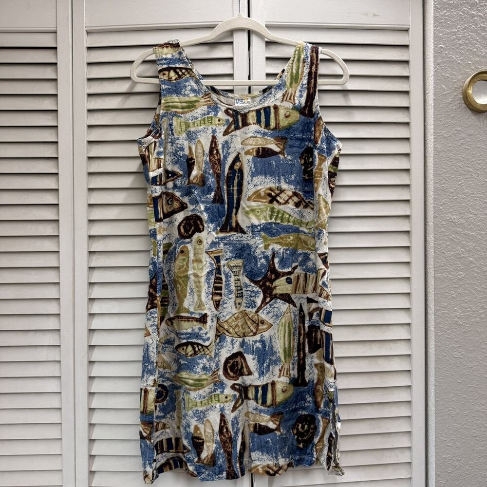 VTG Hawaiian Dress Womens M Blue Tropical Fish Sleeveless